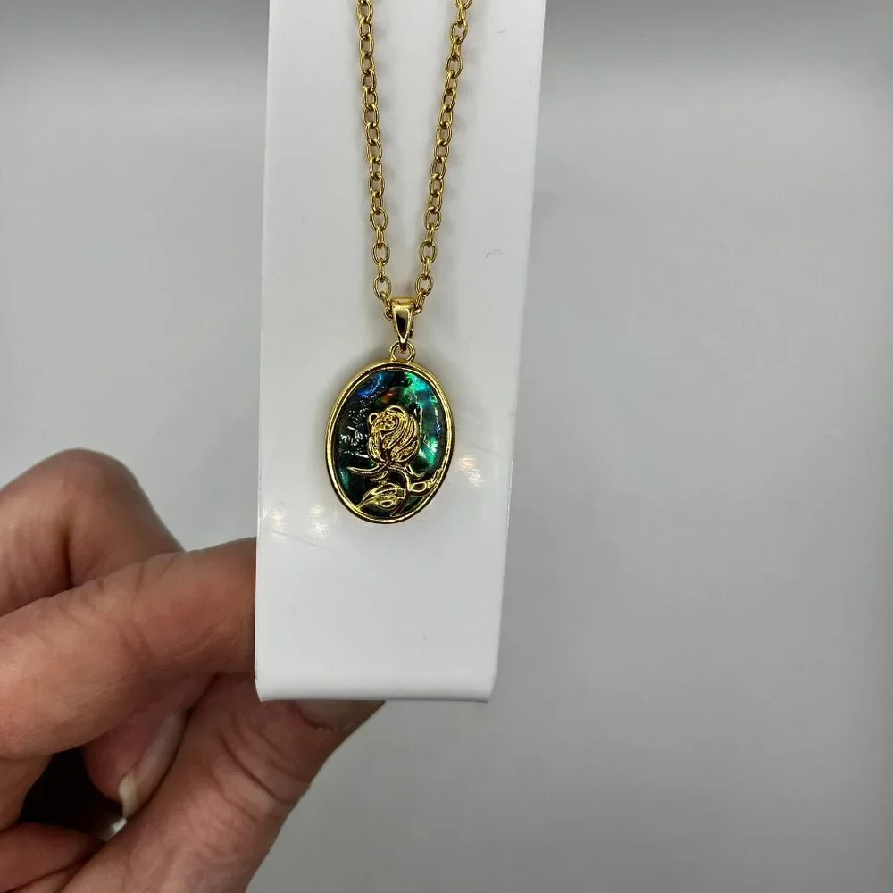 Paua Abalone Oval Pendant with 18k Real Gold-plated Chain Adjustable 20 inch